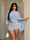plus size two-piece beach club set with off-shoulder batwing crop top, sheer lightweight mesh or knit fabric, ruched side-tie mini skirt, exposed waist and print or solid color variants image 20