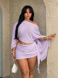 plus size two-piece beach club set with off-shoulder batwing crop top, sheer lightweight mesh or knit fabric, ruched side-tie mini skirt, exposed waist and print or solid color variants image 14