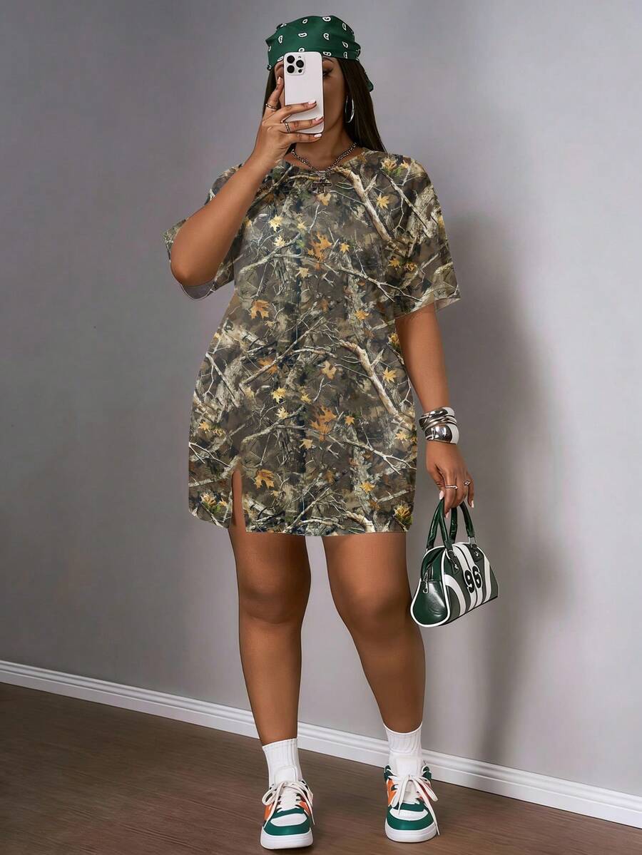 Front view of plus size letter print t-shirt dress for casual summer outfit