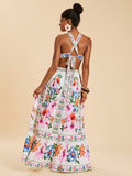 Blue and red printed halter maxi dress with open crisscross back