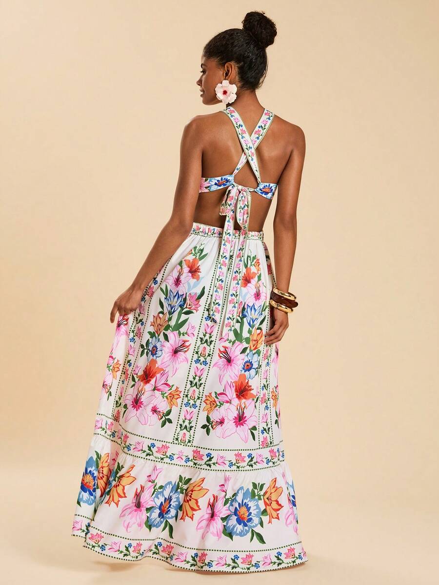 Blue and red printed halter maxi dress with open crisscross back