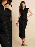 Black wash denim shirt midi dress with collar