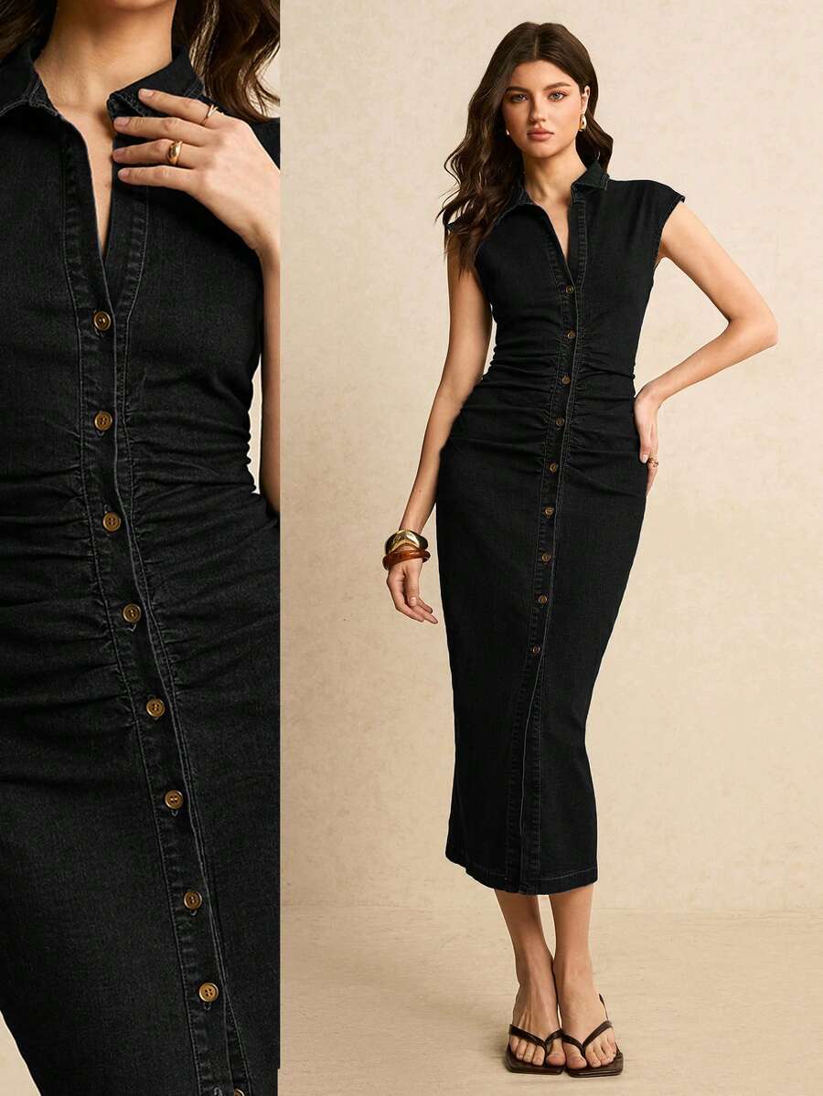 Black wash denim shirt midi dress with collar