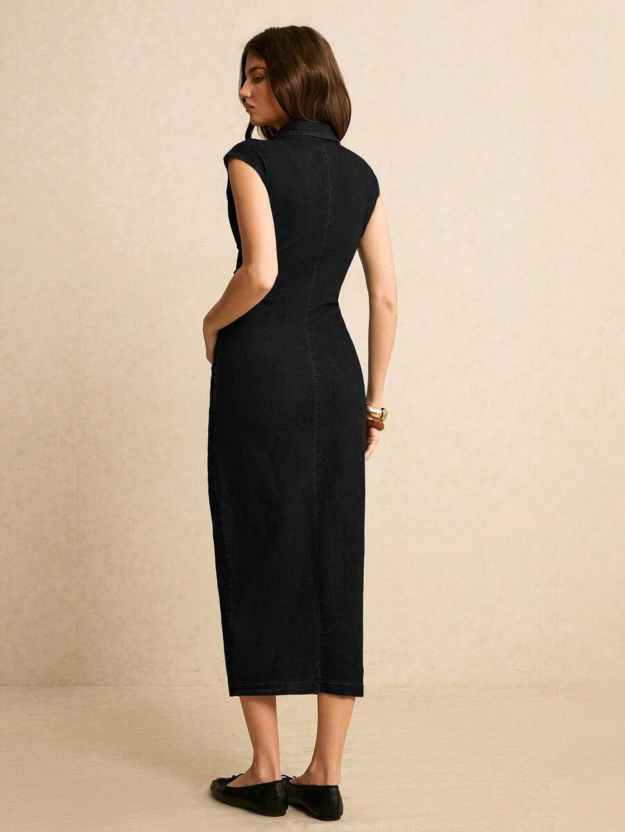 Back view black denim midi dress with seam detail