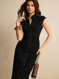 Black fitted denim dress with cap shoulder cut