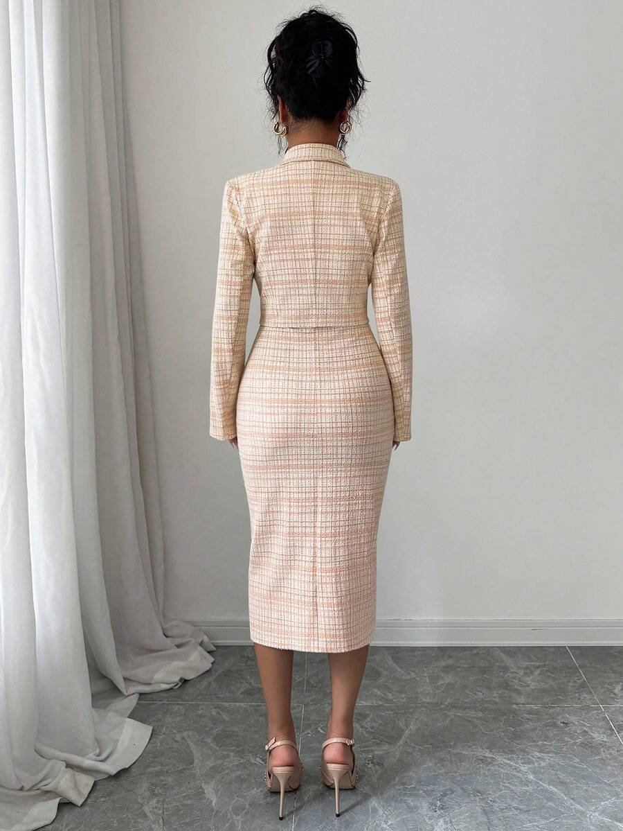 Back view of orange tweed blazer and bodycon dress set