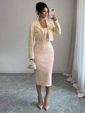 Orange tweed two piece set with pearl buttons and pencil dress