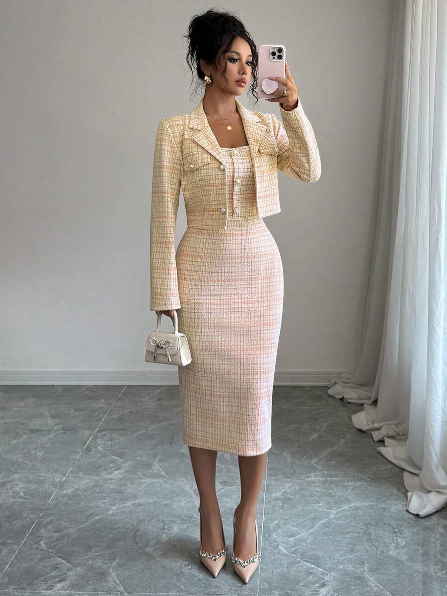 Orange tweed two piece set with pearl buttons and pencil dress