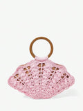 Back view light pink woven straw shell bag with brown circular handle