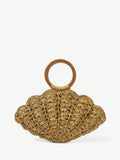 Back view tan woven straw shell bag with brown circular top handle