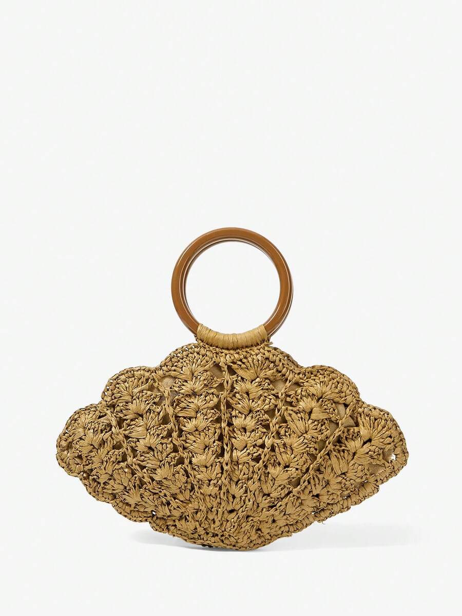 Back view tan woven straw shell bag with brown circular top handle