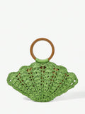 Back view green woven straw shell bag with brown circular handle