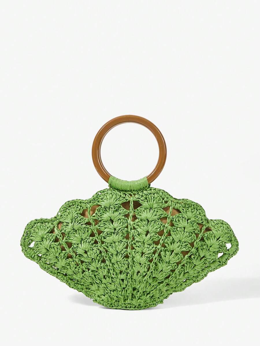Back view green woven straw shell bag with brown circular handle