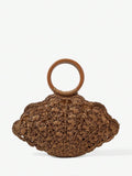 Back view dark brown woven straw shell bag with circular handle