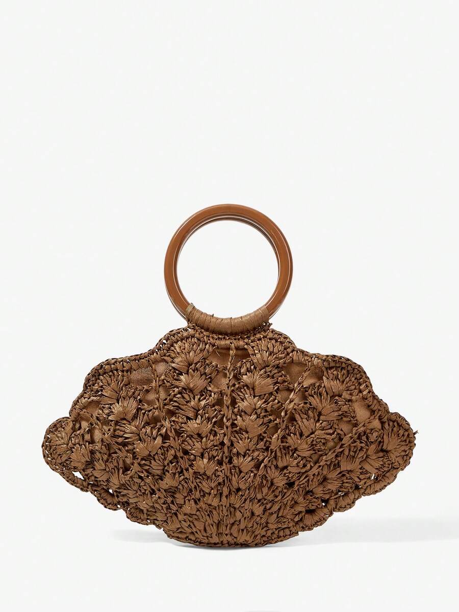 Back view dark brown woven straw shell bag with circular handle