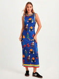 Front studio view of royal blue illustrated sleeveless maxi dress