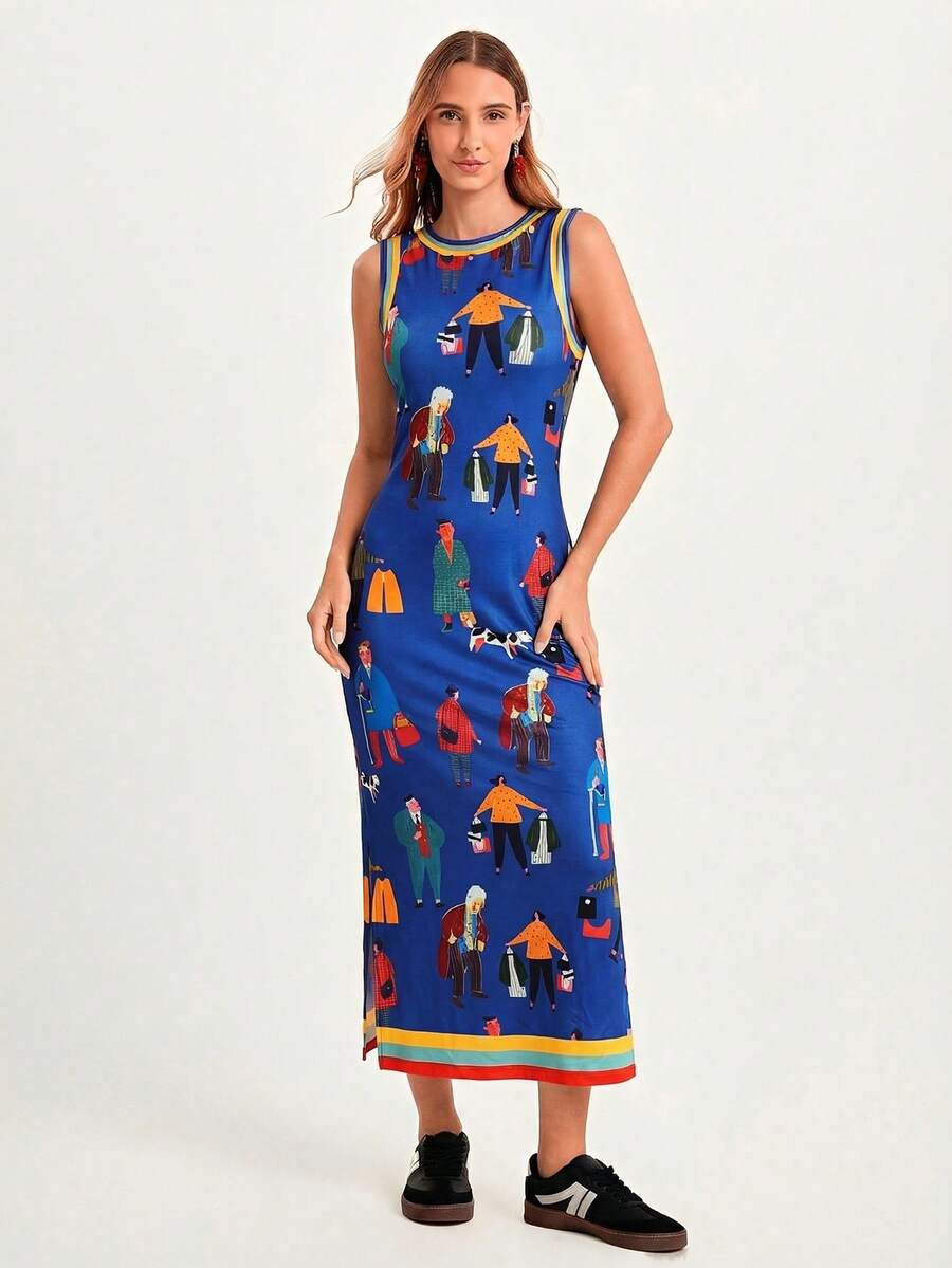 Front studio view of royal blue illustrated sleeveless maxi dress