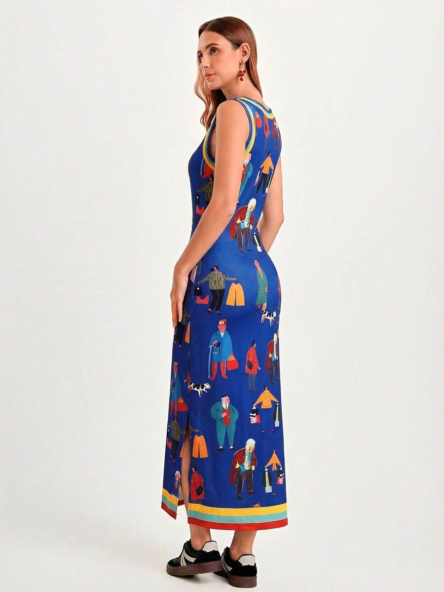 Rear three-quarter studio view of royal blue illustrated sleeveless maxi dress
