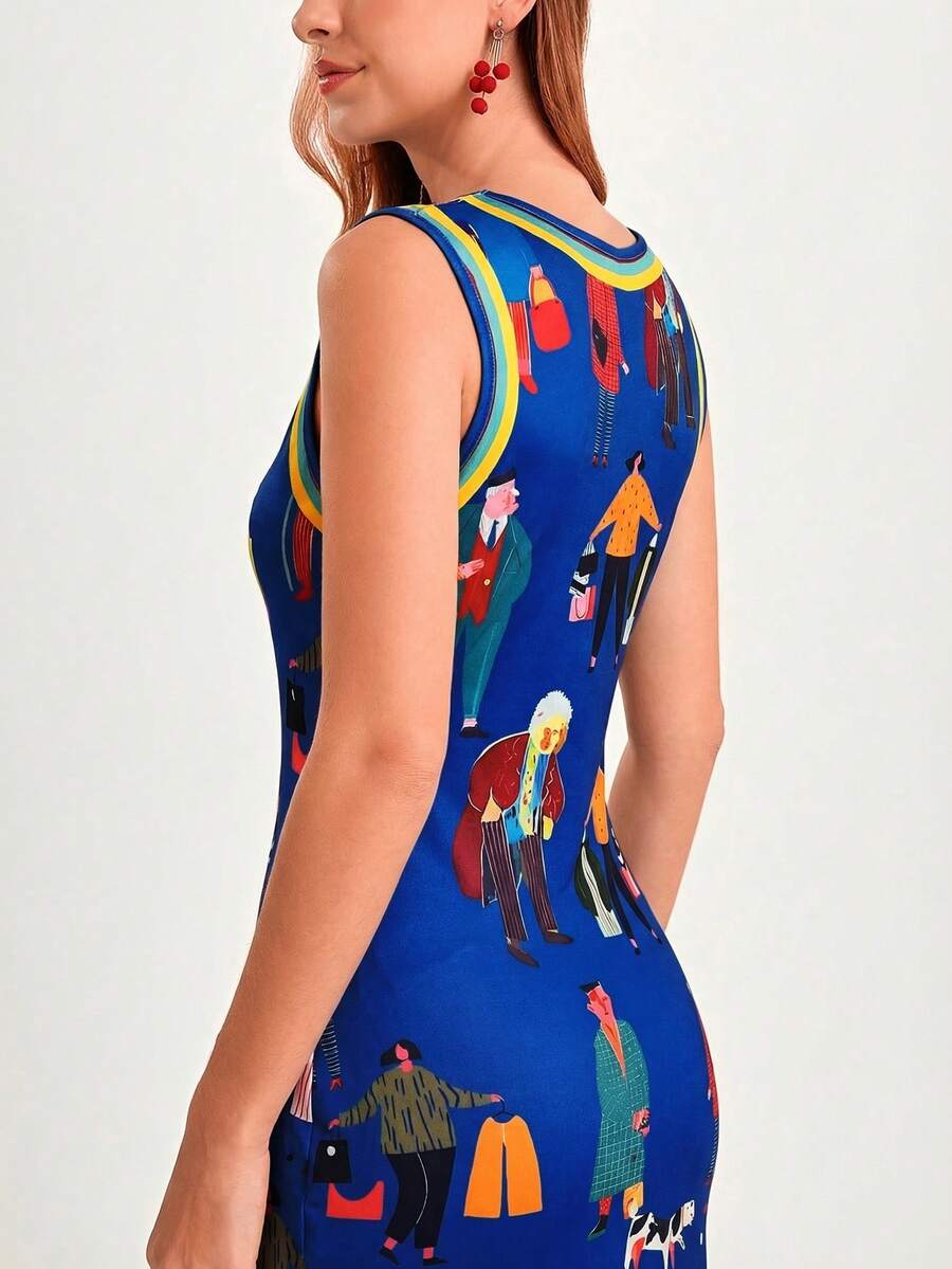 Back detail studio view of royal blue illustrated sleeveless maxi dress