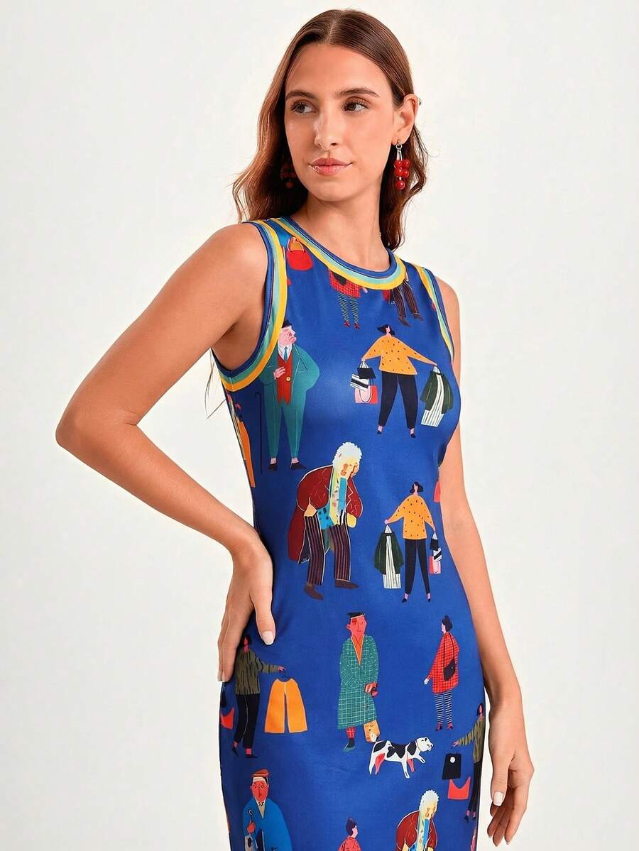 Upper front studio view of royal blue illustrated sleeveless maxi dress