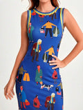 Close-up studio view of royal blue illustrated sleeveless maxi dress