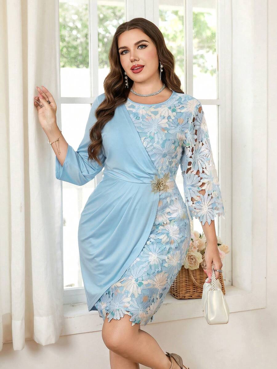 Elevate your special occasion wardrobe with this stunning plus-size wrap dress. Crafted from delicate floral lace, it features a flattering wrap silhouette that accentuates your curves while providing comfortable all-day wear. The timeless design transitions seamlessly from weddings and graduations to summer celebrations. Perfect for creating an elegant, sophisticated look that turns heads and makes you feel confident and beautiful.