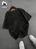 Back view of washed charcoal drop-shoulder graphic T-shirt with plain rear