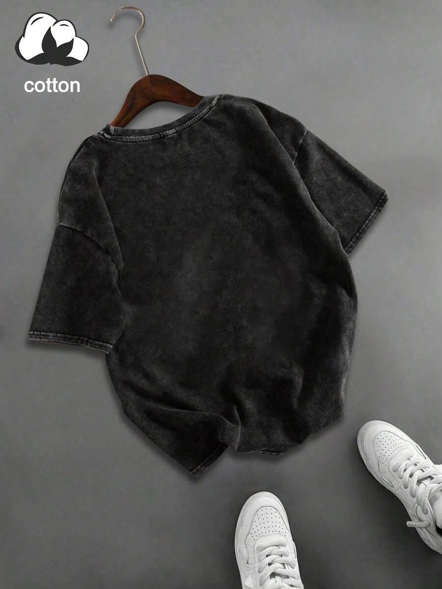 Back view of washed charcoal drop-shoulder graphic T-shirt with plain rear