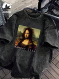 Close front view of washed charcoal Monday Lisa graphic T-shirt with drop shoulders
