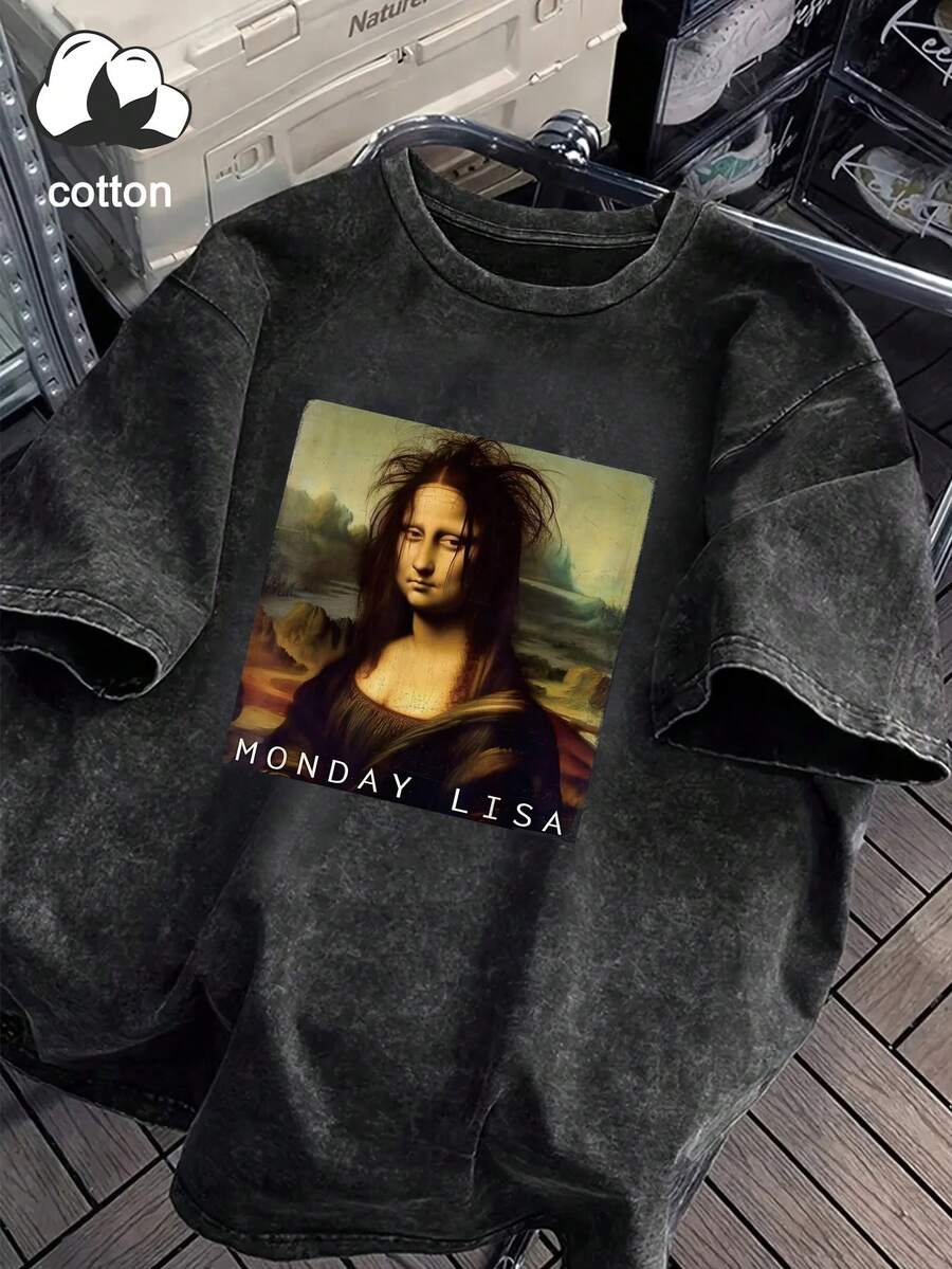 Close front view of washed charcoal Monday Lisa graphic T-shirt with drop shoulders