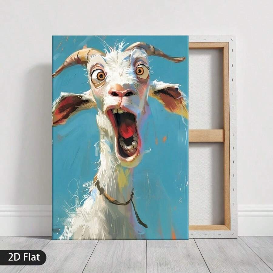 Funny white goat canvas wall art on turquoise background hanging near plant