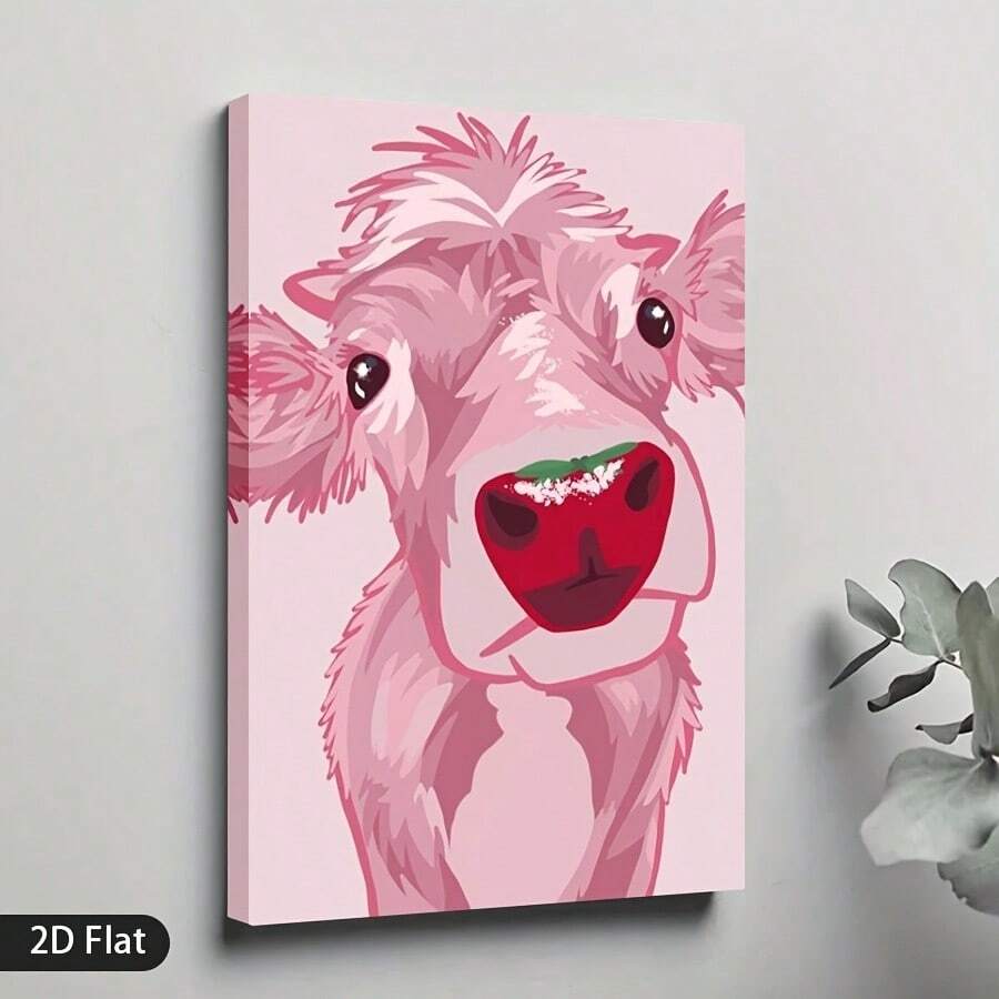 Pink calf portrait canvas wall art hanging on gray wall with red watermelon-style nose