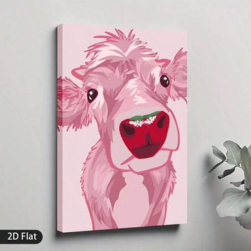Pink calf portrait canvas wall art hanging on gray wall with red watermelon-style nose