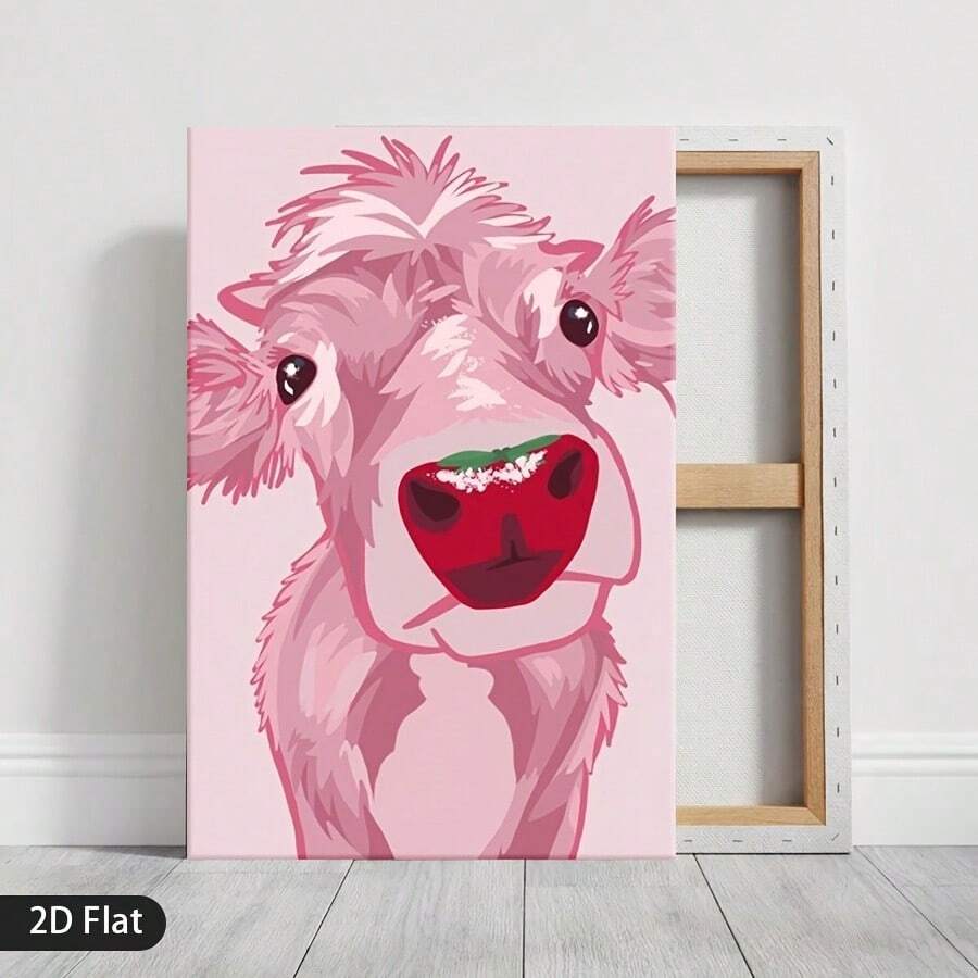 Pink cow calf canvas print leaning beside visible wood stretcher frame back