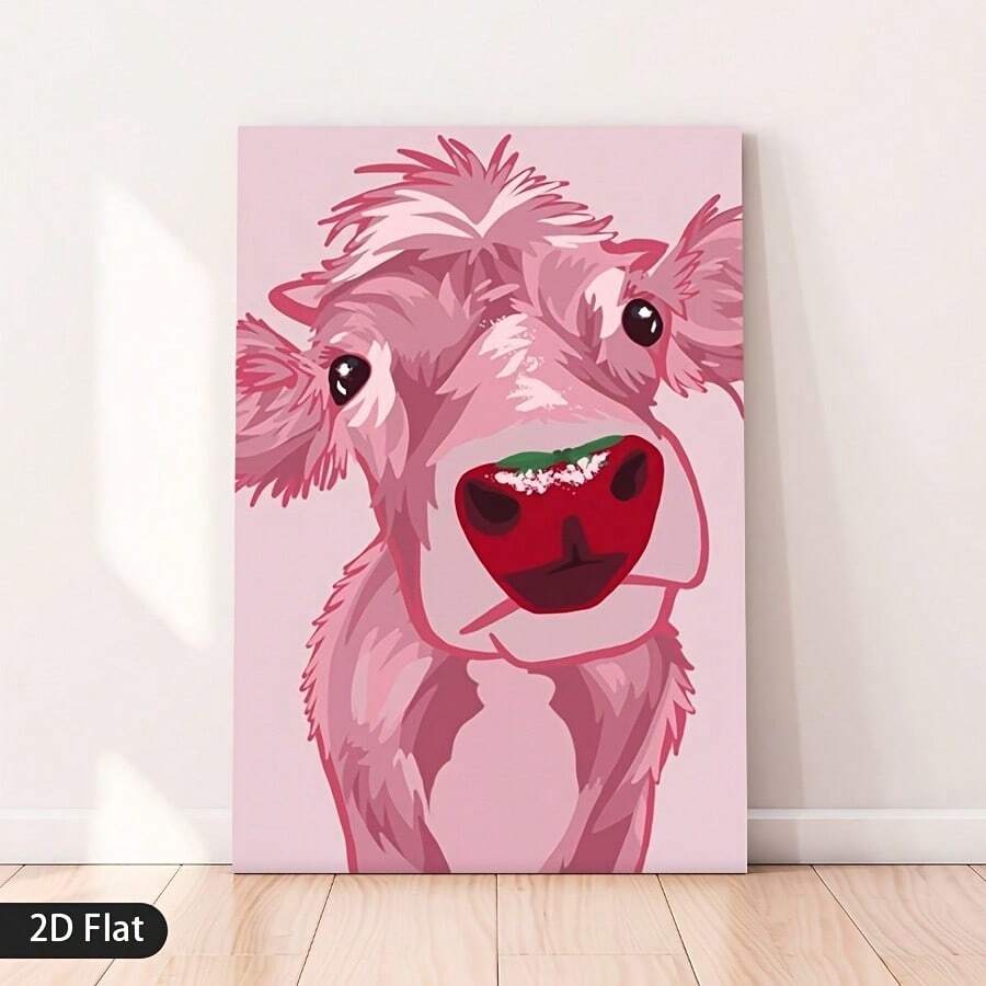 Cute pink calf canvas wall art standing on light wood floor against white wall