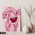 Whimsical pink calf canvas print displayed with neutral vases and dried grass decor