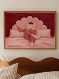 Front bedroom mockup of pink woman reading canvas painting in a brown wood frame