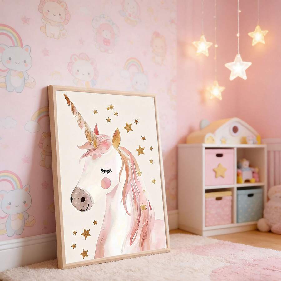 Bring magic to any child's space with this enchanting unicorn canvas wall art. Featuring soft pink and gold watercolor tones, this whimsical design captures the wonder and imagination that makes childhood special. Perfect for nurseries, bedrooms, and playrooms, this cartoon-style poster adds a touch of fantasy and charm to your décor. The gentle, dreamy aesthetic complements both modern and traditional interiors while inspiring creativity and joy. Ideal for boys and girls alike