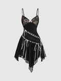 Product front view of black lace-up cami mini dress with layered handkerchief hem