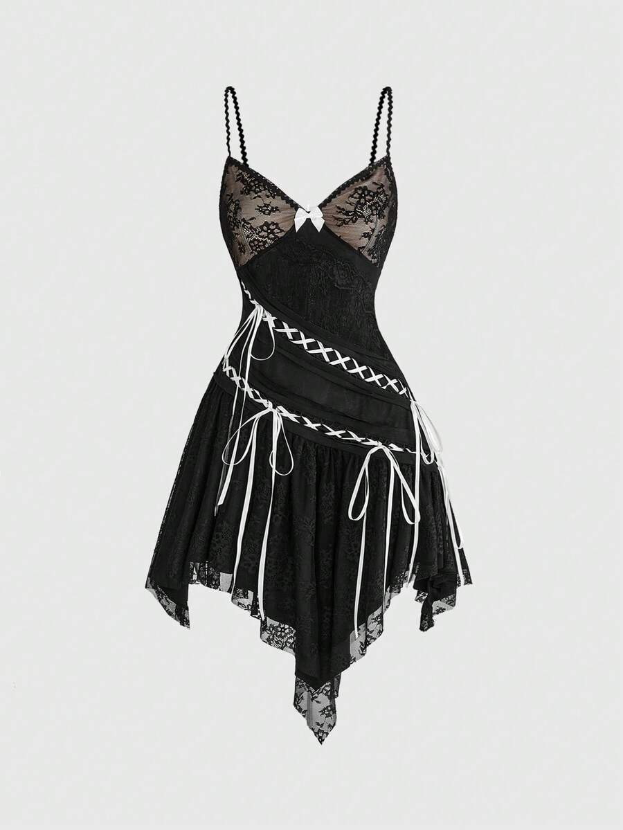 Product front view of black lace-up cami mini dress with layered handkerchief hem