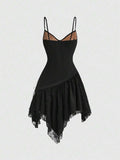 Product back view of black asymmetrical hem mini dress with floral lace skirt panels
