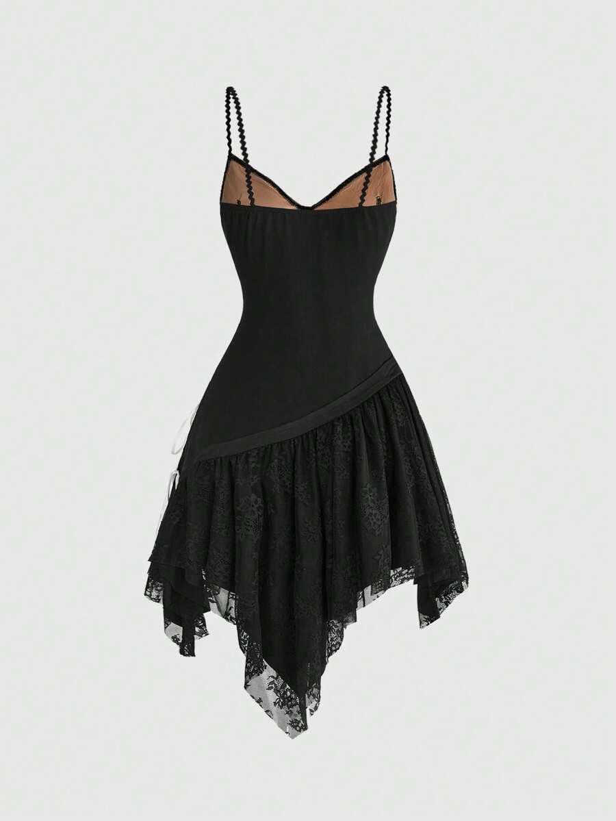 Product back view of black asymmetrical hem mini dress with floral lace skirt panels