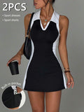 polo tennis golf mini dress with liner shorts, pocket, white collar, contrast side panels and racerback active fit image 19