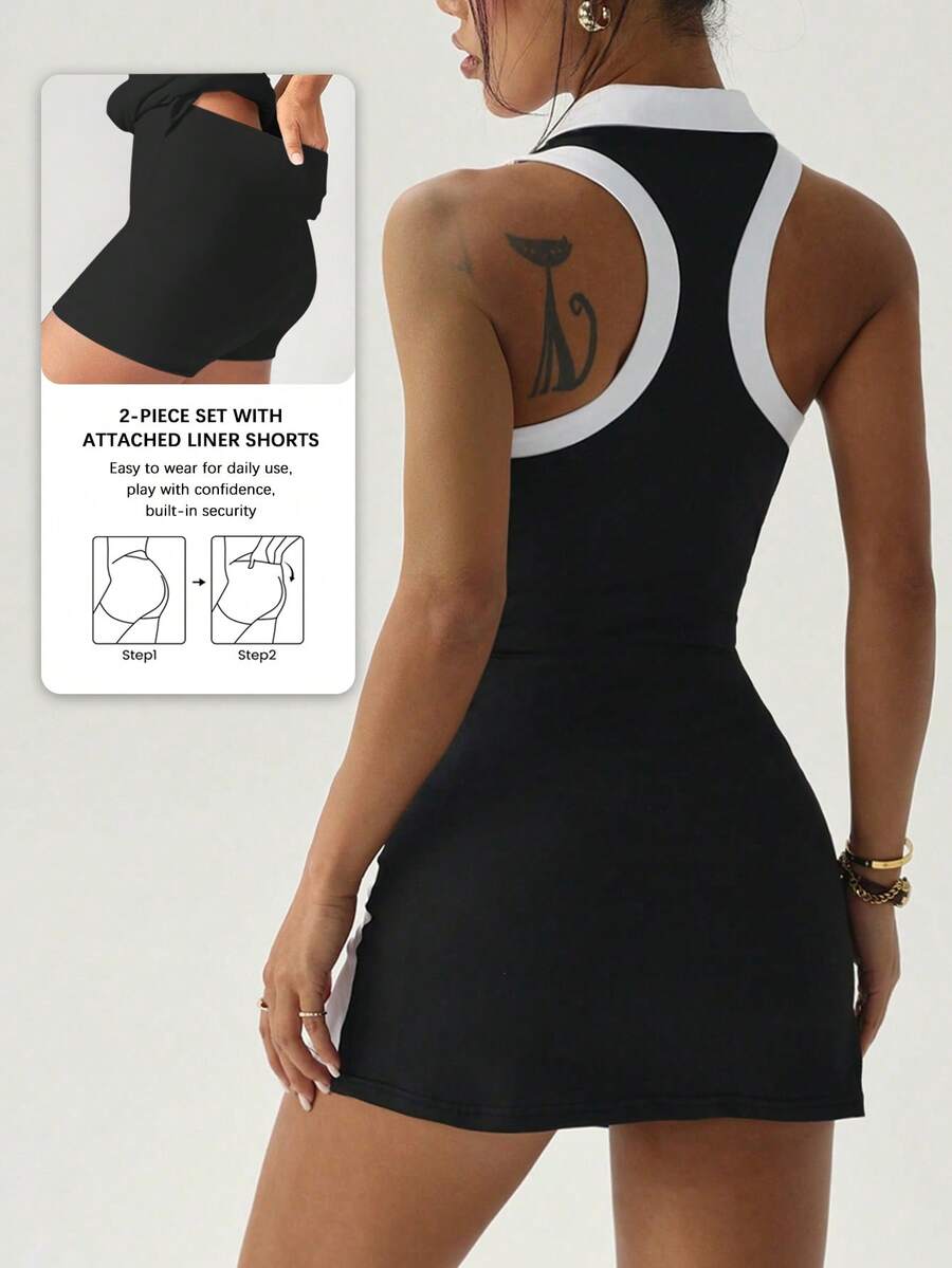 polo tennis golf mini dress with liner shorts, pocket, white collar, contrast side panels and racerback active fit image 20