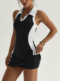 polo tennis golf mini dress with liner shorts, pocket, white collar, contrast side panels and racerback active fit image 21