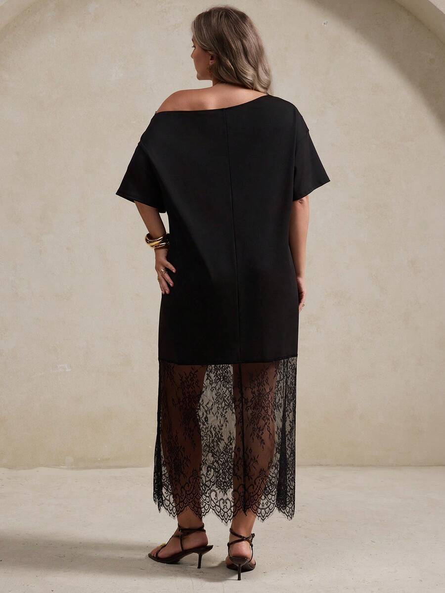 Front view of plus size black off shoulder satin look midi dress with lace skirt panel