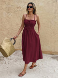 Burgundy ruched bust midi sundress with tie-front bodice ruffle trim and side pockets