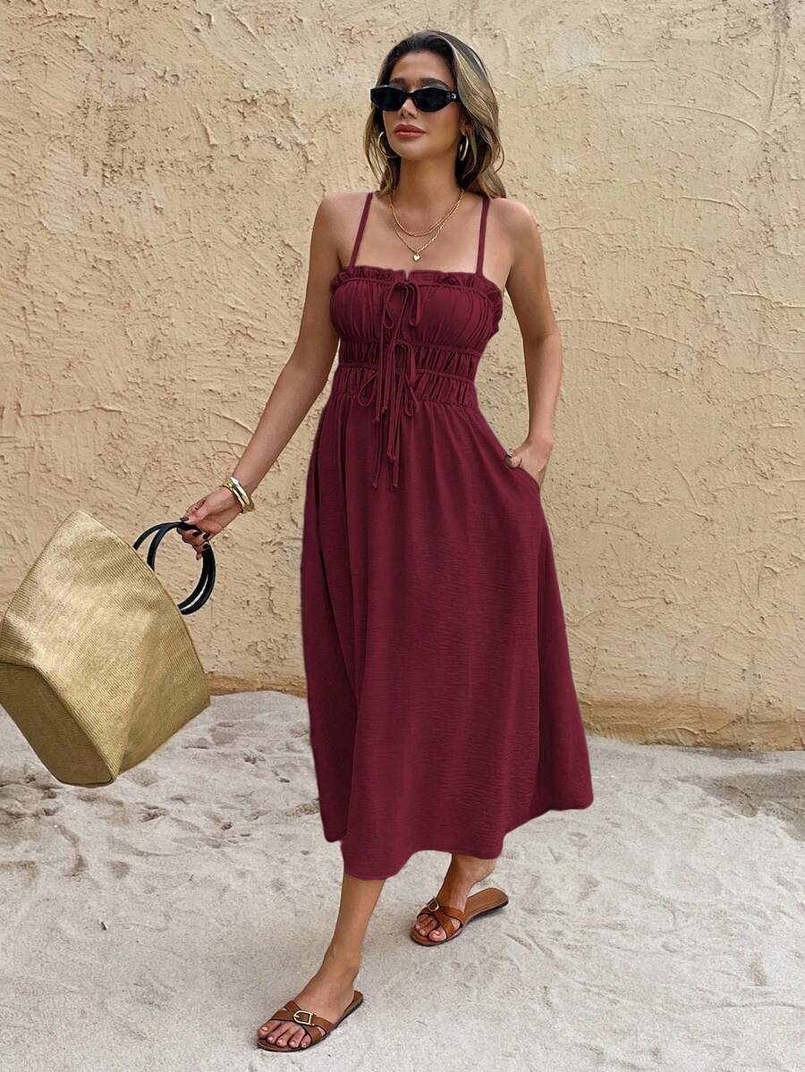 Burgundy ruched bust midi sundress with tie-front bodice ruffle trim and side pockets