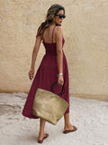 Back view burgundy ruched bust midi sundress with smocked back and thin straps