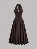 plus size halter maxi dress with deep V neckline, back neck tie bow, open shoulders, ruched waist panel, gold starfish charm, gathered A-line maxi skirt and solid or printed vacation colorways image 12